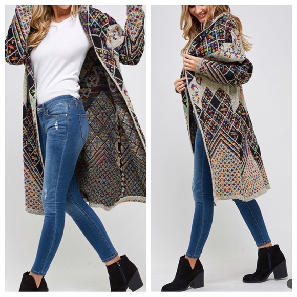 21 Boho Sweater Long Sleeve Hooded Long Cardigan Rainbow Multi Pattern - Picture 3 of 5